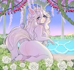 2_horns anthro braided_hair breasts butt butt_focus casual_nudity detailed_background eyelashes female flower fur grey_eyes hair hooves horn long_hair looking_at_viewer looking_back looking_back_at_viewer nude plant rose_(flower) sky smile solo sun tail water white_body white_fur white_hair eixy mythology aurelia_(eixy) bicorn dragon equid equine hybrid mammal mythological_creature mythological_scalie scalie watermark