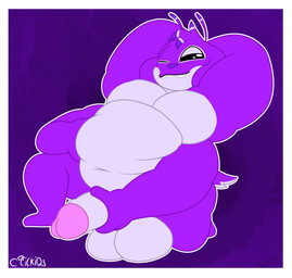 4_arms antennae_(anatomy) anthro balls belly big_balls big_belly big_penis black_eyes border flexing flexing_muscles genitals hand_on_belly hand_on_penis kneeling looking_at_viewer male multi_arm multi_limb musclegut muscular muscular_anthro muscular_male outline penis presenting presenting_belly presenting_body presenting_penis pseudo_hair purple_body smug_face solo three-quarter_view white_border henrique_rick disney lilo_and_stitch fan_character tyrian_(tyrianreal) alien experiment_(lilo_and_stitch) absurd_res digital_drawing_(artwork) digital_media_(artwork) hi_res