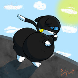 anthro big_butt blue_eyes butt butt_jiggle butt_slap cat_tail cellulite cloud feral huge_butt jiggling male multicolored_body shortstack shortstack_male slap solo spanking sun chefrens atlus megami_tensei persona_(series) persona_5 sega morgana_(persona) domestic_cat felid feline felis mammal 1:1 hi_res