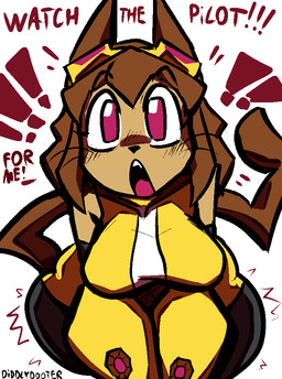 animal_ears anthro arm_warmers armor armwear big_breasts big_eyes bodysuit breasts brown_body brown_fur brown_hair clothing cute_fangs emphasis_lines exclamation_point eyewear eyewear_on_head fangs female fur gauntlets gloves goggles goggles_on_head hair handwear open_mouth pink_eyes pleading_eyes red_text simple_background skinsuit snout solo surprised tail teeth text thick_thighs tight_clothing white_background wide_hips yellow_bodysuit yellow_clothing yellow_skinsuit diddlydooter1 gameoverse glitch_productions kit_bodega animal_humanoid digital_creature domestic_cat felid felid_humanoid feline felis humanoid mammal mammal_humanoid 2026 artist_name digital_drawing_(artwork) digital_media_(artwork) signature