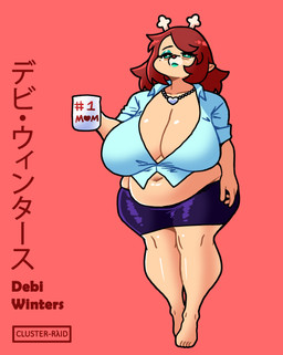 2_horns 4_fingers anthro antlers barefoot belly belly_overhang big_belly big_breasts big_iris biped black_eyebrows blue_clothing blue_shirt blue_topwear bottomwear breasts clothed clothed_anthro clothed_female clothing coffee_mug collarbone collared_shirt container cup deep_navel eyebrows eyelashes eyeshadow facial_markings feet female fingers freckled_face freckles fully_clothed fully_clothed_anthro fully_clothed_female fur glistening glistening_belly glistening_body glistening_bottomwear glistening_breasts glistening_clothing glistening_eyelids glistening_fur glistening_hair glistening_knees glistening_legs glistening_lips glistening_nose glistening_skirt green_eyes green_eyeshadow green_lips green_lipstick hair head_markings heart_necklace heart_symbol holding_coffee_mug holding_container holding_cup holding_mug holding_object horn huge_breasts humanoid_hands iris jewelry legs_together lidded_eyes light_body light_fur light_hair light_markings lips lipstick long_eyelashes looking_at_viewer makeup markings mature_anthro mature_female medium_hair mole_(marking) monotone_background monotone_body monotone_fur mouth_closed mug muzzle_(marking) navel necklace number overweight overweight_anthro overweight_female plantigrade pupils purple_bottomwear purple_clothing purple_skirt red_background red_hair red_heart red_nose red_text shirt simple_background skimpy skirt snout solo standing tan_body tan_breasts tan_fur text text_on_coffee_mug text_on_cup text_on_mug text_with_heart thick_thighs three-quarter_view tired topwear white_antlers white_heart white_horn white_jewelry white_markings white_necklace white_pupils white_sclera cluster-raid deer mammal new_world_deer reindeer 2026 absurd_res artist_name character_name digital_drawing_(artwork) digital_media_(artwork) english_description english_text full-length_portrait hi_res japanese_text portrait