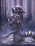 5_fingers anthro black_nose black_sclera breasts detailed_background female fingers fur grey_body grey_fur legs_in_water looking_at_viewer nipples nude partially_submerged red_eyes smile solo standing standing_in_water submerged_legs water liemery noquelle canid canine canis mammal wolf 2018 3:4 hi_res