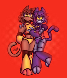 1_eye boots brown_body brown_fur brown_hair clothing female footwear fur gloves hair handwear hypnotic_visor machine midriff mind_control one_leg_up purple_eyes purple_hair raised_leg sharp_teeth shoes short_hair simple_background submissive submissive_female tail teeth whiskers yellow_sclera hyp3nny gameoverse glitch_productions kit_bodega malice_(gameoverse) felid feline felis mammal robot colored signature