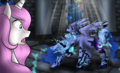 blue_hair bodily_fluids corruption crown cutie_mark detailed_background duo feathered_wings feathers female feral hair headgear horn light magic magic_user moonlight night pink_hair quadruped scared sky star starry_sky tail tears toony transformation wings melancholysanctuary friendship_is_magic hasbro my_little_pony mythology nightmare_moon_(mlp) princess_celestia_(mlp) princess_luna_(mlp) equid equine mammal mythological_creature mythological_equine winged_unicorn hi_res