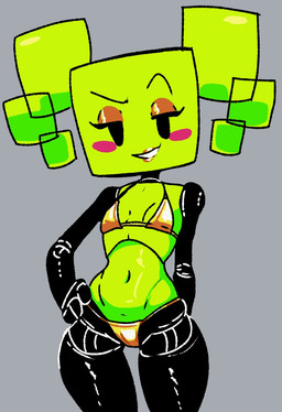 bedroom_eyes black_arms black_eyes black_legs black_neck blush blush_stickers breasts eyebrows female female_humanoid gold_eyeshadow golden_lipstick green_body green_hair grey_background grin hair half-closed_eyes hand_on_hip hand_on_own_hip looking_at_viewer narrowed_eyes navel not_furry raised_eyebrow red_blush seductive simple_background small_breasts smile smug_grin solo dumbwitchyy golden_week mario_bros nintendo paper_mario mimi_(paper_mario) humanoid 2026 digital_media_(artwork) hi_res