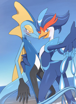 ambiguous_anthro ambiguous_gender anthro biped black_body blue_body blue_eyes blush clear_sky day duo dutch_angle fin glistening glistening_body hand_on_back head_fin head_tuft hug hugging_another looking_at_viewer multicolored_body plantigrade pose seaside shoreline side_view sky slim slim_ambiguous slim_anthro tail tapering_tail tuft white_body yellow_eyes kajinchu nintendo pokemon shizuku_(kajinchu) avian generation_8_pokemon generation_9_pokemon inteleon pokemon_(species) quaquaval 2024 digital_drawing_(artwork) digital_media_(artwork) hi_res shaded soft_shading