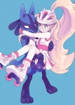 ambiguous_gender anthro armor blonde_hair blue_background blue_body blue_eyes blue_fur blush bridal_carry carrying_another clothed clothing dress duo female fur gym_leader hair headgear helmet hug inline_skates red_eyes roller_skates shorts_under_skirt simple_background standing amezawa_koma nintendo pokemon korrina_(pokemon) canid canine generation_4_pokemon human lucario mammal pokemon_(species)