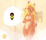 anthro antlers blonde_hair blush bodily_fluids bottle breasts brown_body brown_fur buckteeth container dripping eyes_closed female freckles fur hair horn lactating long_hair masturbation navel nipples open_mouth red_nose shower small_breasts smile solo steam tail tail_motion tailwag teeth thinking thinking_about_another thought_bubble water wet wide_hips bingbingo_(artist) deltarune undertale_(series) kris_(deltarune) noelle_holiday deer human mammal hi_res watermark