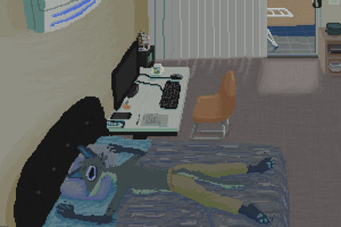 anthro bed blue_nose bottomwear chair clothed clothing computer electronics fur furniture grey_body grey_fur inside keyboard lying male on_bed on_front pants pants_only pillow solo topless demensa emil_(demensa) canid canine canis coyote domestic_dog hybrid mammal 2021 3:2 digital_media_(artwork) pixel_(artwork)