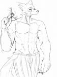 anthro clothed clothing key male muscular muscular_anthro muscular_male nails scar solo topless twirling hakiahki beastars legoshi_(beastars) canid canine canis mammal wolf 2018 3:4 monochrome