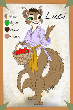 anthro basket blouse bottomless bottomless_female brown_hair buckteeth claws clothed clothing collared_shirt color_swatch container dress_shirt ear_tuft female fluffy fluffy_tail food fruit green_eyes hair inner_ear_fluff pantsless plant sash shirt simple_background smile solo strawberry tail teeth toe_claws topwear tuft wicker_basket deerwalker grey_squirrel mammal rodent sciurid tree_squirrel 2:3 flat_colors hi_res model_sheet