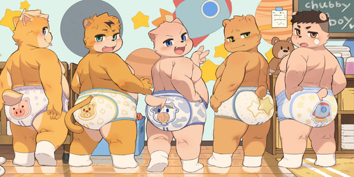 4_fingers >:3 anthro baby_powder belly big_belly big_tail black_nose blep blue_eyes blush brown_body brown_eyes brown_fur brown_tail chalkboard cheek_tuft clean_diaper closed_smile clothed clothing countershading crib detailed_background diaper facial_tuft fingers floor folded_diaper footwear frown fur furgonomic_diaper furgonomic_underwear furgonomics gesture glistening glistening_eyes glistening_floor green_eyes group group_photo hair hand_gesture hand_on_hip head_tuft heart_symbol humanoid_hands kemono light_body light_fur light_skin light_tail looking_at_viewer male moobs mouth_closed multicolored_body multicolored_fur multicolored_skin narrowed_eyes nervous nervous_smile nipples nursery open_mouth open_smile orange_body orange_fur overweight overweight_anthro overweight_male pink_nipples plushie pose pupils rear_view short_hair short_tail shota slightly_chubby slightly_chubby_anthro slightly_chubby_male small_tail smile snaggle_tooth socks tail tan_body tan_fur tan_hair tan_skin tan_tail teddy_bear text thick_thighs tongue tongue_out topless topless_anthro topless_male tuft two_tone_body two_tone_fur two_tone_skin two_tone_tail underwear v_sign wall_decoration wearing_diaper wetness_indicator white_clothing white_footwear white_sclera white_socks wide_hips wood wood_floor yellow_body yellow_fur young young_anthro young_male moki_(artist) moki_(moki) bear domestic_cat felid feline felis mammal pantherine tiger ursine 2026 colored digital_drawing_(artwork) digital_media_(artwork) english_text full-length_portrait hi_res pinup portrait shaded widescreen