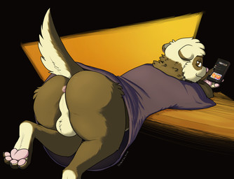 anthro anus backsack balls bedroom_eyes big_shirt butt clothing electronics fluffy genitals male narrowed_eyes oversized_clothing phone presenting presenting_hindquarters seductive smile solo themuffinly muffin_(themuffinly) domestic_ferret mammal mustelid musteline true_musteline weasel