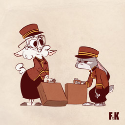 annoyed anthro barefoot bellhop big_glasses black_ear_tips bottomwear breasts clothed clothing dipstick_ears duo ear_markings ears_down excited eyewear feet female fingers frown fur furgonomics glasses grey_body grey_fur hat headgear headwear holding_object hooved_fingers hooves humor jacket multicolored_ears pink_nose pivoted_ears pun scut_tail short_tail simple_background skirt smile suitcase tail tail_through_skirt topwear uniform visual_pun wool_(fur) fluttershythekind disney zootopia dawn_bellwether judy_hopps bovid caprine domestic_sheep european_rabbit lagomorph leporid mammal oryctolagus rabbit sheep 1:1 2016 hi_res