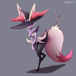 anthro breasts chest_tuft clothing eyelashes female grey_background hat headgear headwear inner_ear_fluff pink_eyes red_nose simple_background solo tail tuft wide_hips witch_hat yellow_body fokydraws nintendo pokemon braixen generation_6_pokemon pokemon_(species) 1:1 2025 hi_res