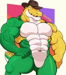 abs anthro barazoku big_muscles candy clothing cowboy_hat dessert featureless_crotch food green_body gummy_(food) hat hat_only headgear headgear_only headwear headwear_only looking_at_viewer male mostly_nude muscular muscular_anthro muscular_male pecs simple_background solo tail darknaigart glitch_productions the_amazing_digital_circus gummigoo_(tadc) alligator alligatorid crocodilian food_creature gummy_creature living_candy reptile scalie absurd_res digital_media_(artwork) hi_res