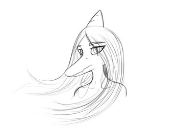 anthro bone_frill eyebrow_through_hair eyebrows female frill_(anatomy) front_view hair long_hair looking_at_viewer markings neutral_expression simple_background solo striped_markings stripes translucent translucent_hair white_background alsius_arcticus goodbye_volcano_high ko_op_(game_developer) fang_(gvh) prehistoric_species pterosaur reptile scalie bust_portrait greyscale monochrome portrait shaded sketch