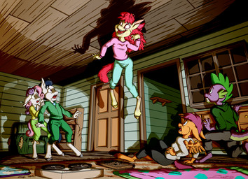 accessory anthro anthrofied back_wings barefoot biped black_hair book bottomwear bow_ribbon breasts claws clenched_teeth clothed clothing countershade_face countershade_tail countershade_torso countershading creepy detailed_background digitigrade feathered_wings feathers feet female flying grey_body group hair hair_accessory hair_bow hair_ribbon head_spikes hooves horn inside kneeling looking_at_another lying male multicolored_body on_back on_one_knee open_mouth orange_body pajamas plant possession purple_eyes purple_hair red_hair ribbons scared shirt sitting small_breasts spikes spikes_(anatomy) standing tail tan_body tan_countershading tank_top teeth toe_claws tongue topwear two_tone_body unguligrade unicorn_horn white_body wings yellow_body young young_anthro young_female young_male zooshi evil_dead friendship_is_magic hasbro my_little_pony mythology apple_bloom_(mlp) cutie_mark_crusaders_(mlp) rumble_(mlp) scootaloo_(mlp) spike_(mlp) sweetie_belle_(mlp) dragon equid equine horse mammal mythological_creature mythological_equine mythological_scalie pegasus pony scalie unicorn 2025 absurd_res hi_res