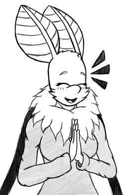 antennae_(anatomy) breasts clothing eyebrows eyes_closed female hands_together happy humanoid_hands non-mammal_breasts smile solo wings mallanny arthropod insect lepidopteran moth monochrome