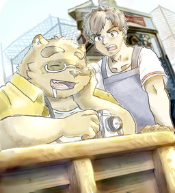 anthro apron bodily_fluids brown_eyes brown_hair brown_nose camera clothing detailed_background drooling duo eyes_closed eyewear facial_markings fangs fur glasses hair hand_on_cheek head_markings light_body light_skin male markings mask_(marking) multicolored_body multicolored_fur open_mouth overweight overweight_anthro overweight_male saliva shirt tan_body tan_fur teeth topwear two_tone_body two_tone_fur white_clothing white_shirt white_topwear yellow_clothing yellow_shirt yellow_topwear kakukaku morenatsu hiroyuki_nishimura kounosuke_kuri canid canine human mammal raccoon_dog tanuki 2022 colored hi_res