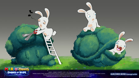 ambiguous_anthro ambiguous_gender anthro blue_eyes buckteeth closed_frown closed_smile copyright_symbol eyes_closed featureless_crotch featureless_legs frown gradient_background grass grey_background group happy hedge_shears holding_hedge_shears holding_object ladder light long_ears looking_at_another looking_at_viewer mitten_hands mouth_closed multicolored_body musical_note musical_symbol noseless nude_ambiguous nude_anthro on_ladder on_one_leg pawpads pink_tongue plant shrub shrub_trimming simple_background sitting smile smiling_at_viewer standing symbol tan_body tan_eyelids tan_inner_ear tan_pawpads tan_skin teeth text thin_eyebrows title tongue trimming trio two_tone_body year giacomo_boni mario_plus_rabbids_sparks_of_hope nintendo raving_rabbids rayman_(series) ubisoft lagomorph mammal rabbid 16:9 2022 4k absurd_res adobe_photoshop_(artwork) artist_name colored digital_drawing_(artwork) digital_media_(artwork) english_description english_text hi_res lighting official_art procreate_(artwork) shaded widescreen