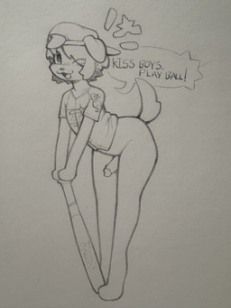 anthro backwards_hat baseball_shirt baseball_uniform bat_(object) blush blush_lines bottomless bottomless_anthro bottomless_male clothed clothing dialogue erection eye_through_hair femboy floppy_ears fur genitals hair hair_over_eye hat headgear headwear humanoid_genitalia humanoid_penis leaning leaning_forward looking_at_viewer male one_eye_closed open_mouth open_smile partially_clothed penis shirt smile solo speech_bubble sportswear standing tail text topwear translucent translucent_hair uniform wink winking_at_viewer shiftyeen canid canine canis domestic_dog mammal 2026 english_text graphite_(artwork) hi_res traditional_media_(artwork)