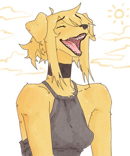bangs blonde_hair breasts choker clothing eyebrow_through_hair eyebrows eyes_closed female floppy_ears fur hair halter_top jewelry necklace open_mouth simple_background small_breasts smile solo teeth tongue topwear translucent translucent_hair yellow_body yellow_fur cerebropodrido canid canine mammal 5:6 digital_drawing_(artwork) digital_media_(artwork) hi_res