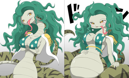 apode belly big_belly bikini blush breasts clothing female female_pred green_hair hair legless long_hair looking_at_viewer non-mammal_breasts serpentine solo split_form swimwear tongue tongue_out two-piece_swimsuit vore amauchi third-party_edit one_piece boa_sandersonia anaconda animal_humanoid boa_(snake) boinae draconcopode humanoid lamia reptile reptile_humanoid scalie scalie_humanoid snake snake_humanoid hi_res multiple_images