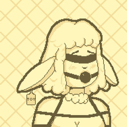 anthro ball_gag bdsm blindfold bondage bound ear_piercing ear_tag female gag gagged harness piercing solo dogytomorrow amarach_(vtuber) bovid caprine mammal sheep 1:1 digital_media_(artwork) pixel_(artwork)