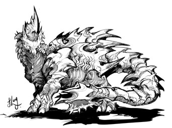 1_horn ambiguous_gender blade countershade_legs countershade_neck countershade_scales countershade_torso countershading dark_body dark_scales exposed_teeth feral head_horn horn light_body light_scales looking_at_viewer mouth_closed neck_spikes overbite reverse_countershading scales segmented_tail simple_background solo standing tail tail_blade teeth underbite weapon_tail white_background chiayeeee scalie unknown_species 2018 full-length_portrait greyscale hi_res monochrome portrait signature