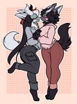 alternative_fashion anthro black_hair blush clothing duo eyes_closed female female/female fluffy fluffy_tail goth hair hi_res horn long_hair lupestra lyra_vixy multicolored_hair short_hair snout sweater tail topwear vanessa_clementine xstupid_furryx