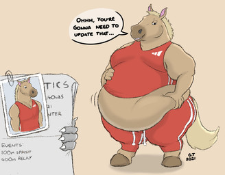 anthro athlete athletic athletic_anthro athletic_male before_and_after belly belly_jiggle belly_overhang big_belly claws clothing dialogue disembodied_hand duo fit_to_fat fur hand_on_belly holding_belly holding_object jiggling love_handles male moobs obese obese_anthro obese_male overweight overweight_anthro overweight_male paper photo smile solo_focus speech_bubble standing tan_body tan_fur teeth text thick_thighs tracksuit weight_gain glacialtalon equid equine horse mammal english_text