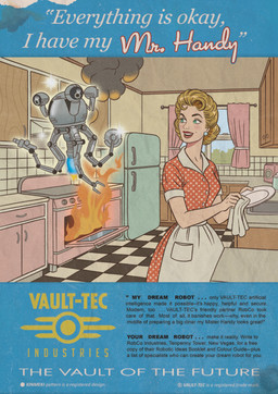 advertisement ambiguous_gender appliance apron blonde_hair checkered checkered_floor clothing dress duo female fire fridge hair holding_object holding_plate holding_rag inside kitchen kitchen_appliance machine not_furry oven pattern_clothing pattern_dress plate polka_dot_dress text vault-tec_logo weathered kinmeki fallout microsoft human mammal mister_handy_(fallout) robot english_description english_text hi_res
