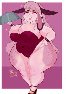 anthro big_breasts breasts bunny_costume camel_toe cleavage cleavage_overflow clothed clothing costume cuffs_(clothing) dewlap_(anatomy) eyes_closed fake_ears fake_rabbit_ears female footwear freckles genital_outline genitals hair hand_on_hip high_heels ironic_fake_ears leotard long_hair navel navel_outline overweight overweight_anthro overweight_female pink_body platter shoes solo tongue tongue_out vulva vulva_outline wide_hips niick_galaxy bunna_(niick_galaxy) lagomorph leporid mammal rabbit hi_res