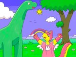 ambiguous_gender anthro clothed clothing cloud duo female feral horn paws plant rainbow shirt sun t-shirt tail topwear tree unicorn_horn mimill3 brachiosaurid brachiosaurus dinosaur prehistoric_species reptile sauropod sauropodomorph scalie unknown_species hi_res