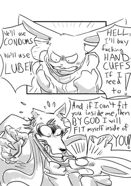 anthro blush bodily_fluids clothing clothing_grab dialogue duo female handwear jacket male mittens muffler profanity scar scarf sweat text topwear worried yelling dragonweirdo beastars haru_(beastars) legoshi_(beastars) canid canine canis lagomorph leporid mammal rabbit wolf absurd_res comic english_text hi_res monochrome