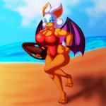 anthro beach big_breasts breasts cleavage clothed clothing cute_fangs fangs female huge_breasts lifeguard one-piece_swimsuit running sea seaside solo swimwear teeth water wide_hips wings wristband chaossabre sega sonic_the_hedgehog_(series) rouge_the_bat bat mammal 1:1 absurd_res hi_res