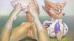 2018 4_toes anthro arched_back ball bent_legs black_nose bottomless breasts butt calves_up canid canine canis clothed clothing crossgender digital_media_(artwork) eyewear feet female fifa fur genitals goggles grass looking_at_viewer looking_back looking_back_at_viewer lying mammal mascot medium_breasts miles_df mtf_crossgender on_front paws plant presenting pussy raised_calf raised_tail shirt smile soccer soccer_ball solo sport spread_legs spreading tail text text_on_clothing text_on_shirt text_on_topwear toes topwear wolf zabivaka