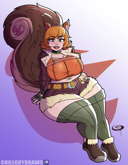 animal_ears animal_tail belt big_breasts big_tail blush bottomwear breasts brown_body brown_bottomwear brown_clothing brown_footwear brown_fur brown_shoes brown_shorts brown_topwear choker clothed clothing eyelashes female fingerless_gloves footwear freckled_face freckles front_view fur gloves green_clothing green_eyes green_gloves green_handwear green_legwear green_thigh_highs hair handwear huge_breasts jewelry legwear lipstick looking_at_viewer makeup navel necklace orange_clothing orange_hair orange_topwear red_lipstick shoes short_hair shorts sitting smile solo tail tan_body tan_skin teeth thick_thighs thigh_highs tooth_gap topwear wide_hips frostbiteboi marvel marvel_rivals squirrel_girl_(marvel) animal_humanoid humanoid mammal mammal_humanoid rodent rodent_humanoid sciurid sciurid_humanoid tree_squirrel_humanoid absurd_res hi_res