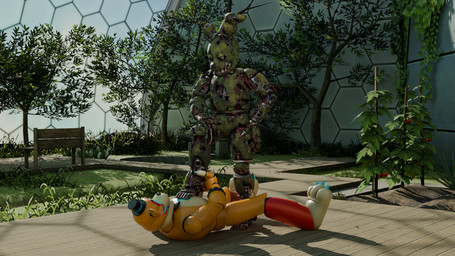 anthro duo eye_contact feet foot_grab green_body looking_at_another lying lying_on_ground machine male male/male on_back on_ground stepped_on pearlh2hoe five_nights_at_freddy's five_nights_at_freddy's:_security_breach five_nights_at_freddy's_3 scottgames steel_wool_studios glamrock_freddy springtrap_(fnaf) bear lagomorph leporid mammal rabbit 16:9 3d_(artwork) digital_media_(artwork) hi_res widescreen