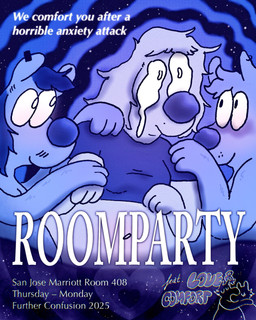 ambiguous_gender anthro anxiety biped bodily_fluids breasts cleavage clothed clothing crying ear_piercing female freckles group hug piercing poster shirt smile t-shirt tears text toony topwear trio white_text wolfgestalt canid canine canis domestic_dog mammal 2025 dated english_text hi_res