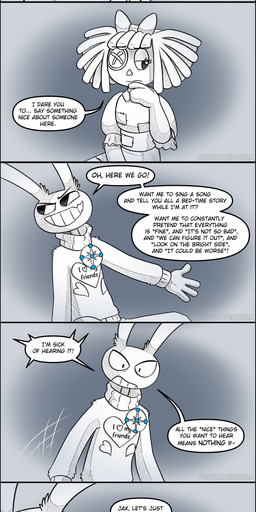 angry anthro clothed clothing female fool's_hat gesture hand_gesture hat headgear headwear jester male pointing sitting standing tail text upset absolutedream glitch_productions the_amazing_digital_circus bubble_(tadc) jax_(tadc) pomni_(tadc) ragatha_(tadc) human lagomorph leporid mammal rabbit absurd_res comic english_text hi_res long_image tall_image