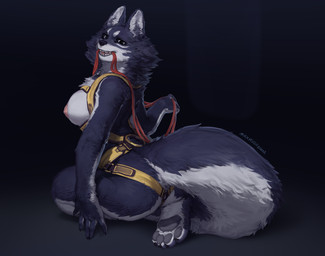 4_toes 5_fingers anthro arched_back areola big_areola big_breasts black_background black_claws black_eyes black_nose blue_body blue_fur breasts butt claws feet female female_anthro finger_claws fingers fur grey_pawpads harness harness_only hindpaw holding_leash holding_object inner_ear_fluff leash leash_in_mouth looking_at_viewer looking_back looking_back_at_viewer multicolored_body multicolored_fur nipples nude object_in_mouth open_mouth pawpads paws pink_areola pink_nipples presenting presenting_hindquarters raised_tail red_leash sharp_teeth simple_background sitting smile solo tail teeth text toe_claws toes tuft two_tone_body two_tone_fur white_body white_fur white_inner_ear yellow_harness maxmushroom canid canine canis mammal wolf 2022 absurd_res artist_name digital_drawing_(artwork) digital_media_(artwork) hi_res