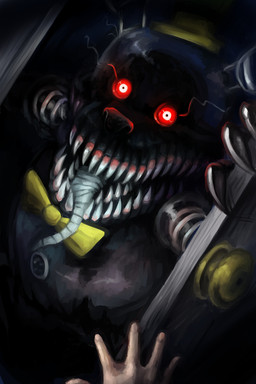5_fingers anthro belly_mouth big_head black_ears black_nose bow_tie button_(fastener) claws close-up clothing constricted_pupils disembodied_hand door door_handle doorknob doorway duo dutch_angle fingers glowing glowing_eyes grey_tongue hat headgear headwear horror_(theme) long_tongue looking_at_viewer machine male metal metallic metallic_body open_mouth pupils red_eyes scary sharp_teeth small_pupils solo_focus tan_body tan_skin teeth tongue tongue_out top_hat translucent translucent_body jalajalapeno five_nights_at_freddy's five_nights_at_freddy's_4 scottgames nightmare_(fnaf) animatronic bear mammal robot 2015 2:3 detailed digital_media_(artwork) digital_painting_(artwork) half-length_portrait hi_res painting_(artwork) portrait