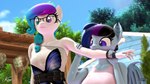 anthro anthrofied bite biting_arm blue_eyes blue_hair bracelet breasts clothed clothing day detailed_background eyewear female glasses gradient_hair hair heterochromia jewelry membrane_(anatomy) membranous_wings outside ponytail purple_eyes purple_hair wings anthroponiessfm kenuwu hasbro my_little_pony aurora_starling fan_character maple_cake_(oc) bat_pony earth_pony equid equine horse mammal pony 16:9 3d_(artwork) 4k absurd_res digital_media_(artwork) hi_res widescreen