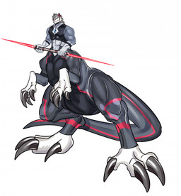5_fingers big_claws big_muscles biped bipedal_taur claws clothed clothed_taur clothing countershade_torso countershading eyebrows finger_claws fingers fully_clothed fully_clothed_taur grey_body holding_object holding_weapon long_claws looking_at_viewer male muscular nipples pecs pink_claws pink_eyes pink_nose simple_background small_upper_body snaggle_tooth solo split_form standing toe_claws weapon white_background white_body white_eyebrows hr7777 dinosaur mammal prehistoric_species reptile scalie taur 2023 digital_media_(artwork) hi_res shaded