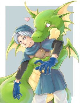 anthro armor blue_clothing blue_gloves blue_handwear blue_hat blue_headwear blue_shirt blue_topwear blue_tunic bodily_fluids bottomwear brown_armor clothing duo fangs female gloves green_body grey_background hair handwear hat head_wings headgear headwear heart_symbol hearts_around_head hug hugging_another hugging_from_behind leather leather_armor love loving_gaze male male/female membrane_(anatomy) membranous_wings nibbling pants pointy_ears purple_eyes red_eyes sharp_teeth shirt simple_background sweat teeth topwear tunic unusual_wing_placement white_bottomwear white_clothing white_hair white_pants wings kachikomi dragon_quest dragon_quest_vi mythology square_enix lizzie_(dragon_quest) terry_(dragon_quest) dragon hacksaurus human mammal mythological_creature mythological_scalie scalie