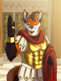 anthro armor black_body black_fur black_hair black_nose blue_eyes clothed clothing front_view fur glistening glistening_eyes gold_(metal) gold_armor hair inner_ear_fluff inside looking_at_viewer male male_anthro mouth_closed multicolored_hair orange_body orange_fur red_hair solo standing tuft two_tone_hair white_body white_fur white_inner_ear_fluff solaxe_(artist) canid canine fox mammal 3:4 absurd_res hi_res