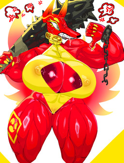abs abstract_background angry anthro areola areola_slip bared_teeth biceps big_muscles biped bodily_fluids camel_toe chain chain_bracelet chain_jewelry claws clothing club_(weapon) collar cross-popping_vein drooling emanata eyebrows eyelashes female gesture grey_eyes growling hand_gesture latex latex_clothing looking_away melee_weapon muscular muscular_anthro muscular_female nipple_dip nipple_outline nipple_slip nipples red_areola red_body red_skin saliva solo spiked_club teeth thick_thighs thumbs_down tight_clothing vein weapon yellow_body yellow_claws yellow_skin goatboydraws canid canine canis demon domestic_dog mammal 2025 absurd_res hi_res