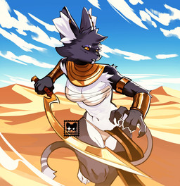 abs accessory action_pose amber_eyes anthro armband athletic athletic_anthro athletic_female black_body black_fur black_lips blade bottomwear bracelet breasts claws clothed clothing cloud dessert ear_piercing ear_ring egyptian eyelashes female finger_claws food fur gold_(metal) gold_armband gold_bracelet gold_jewelry gold_necklace holding_melee_weapon holding_object holding_sword holding_weapon inner_ear_fluff jewelry lips loincloth makeup mascara melee_weapon multicolored_body multicolored_fur navel necklace one_leg_up outside piercing pose raised_leg ring_piercing sand skimpy sky sling_bra small_waist solo standing sword tail thick_thighs toe_claws tuft two_tone_body two_tone_fur underwear usekh weapon white_body white_fur white_inner_ear_fluff wide_hips wraps yellow_sclera junodayz bacardi_(muart242) domestic_cat felid feline felis mammal 2026 hi_res signature